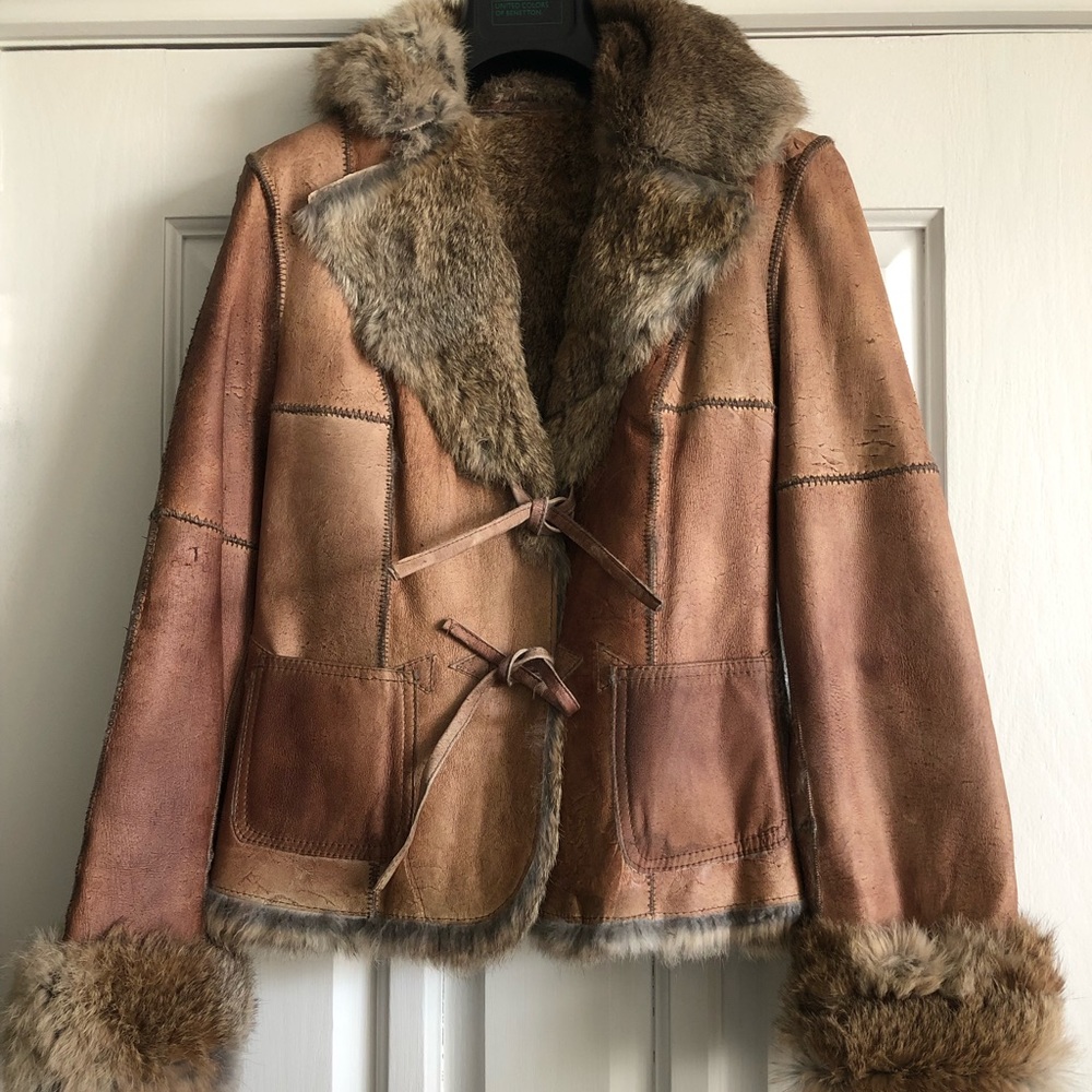 Sisley 100% real leather/fur jacket